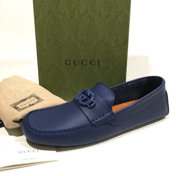GUCCI INTERLOCKING G DRIVING MOCCASINS -INDIGO BLUE CALF LEATHER -MEN US 13 -NEW - Picture 3 of 9